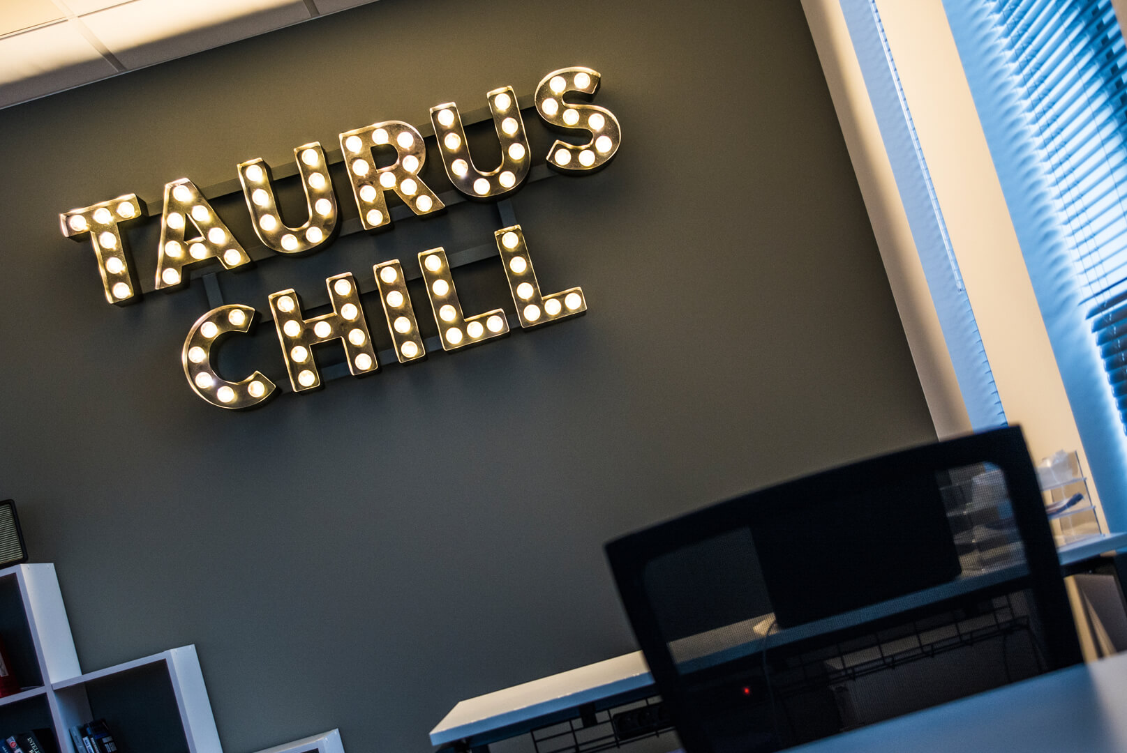 Taurus Chill - letters with light bulbs placed on the wall